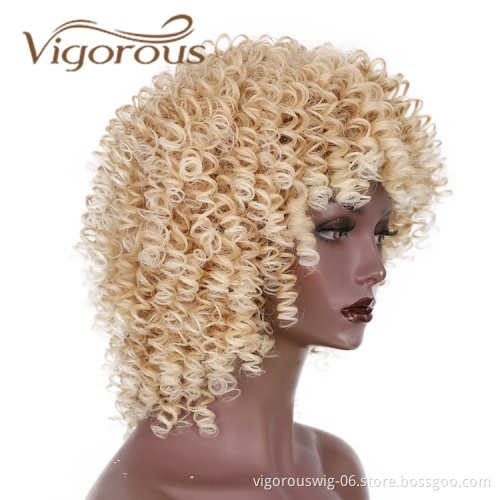 Kinky Wig With Bangs Afro Vendor For Black Women Curly Bob Ombre Blonde High Quality Heat Resistant Short Hair Synthetic Wig
